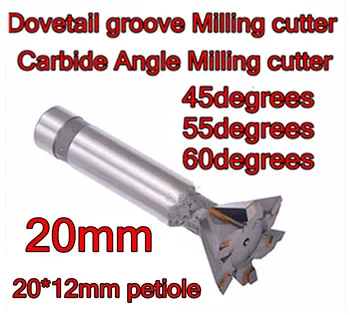 20mm*45-55-60 grader 4F hårdmetall Vinkel fräs Dovetail groove fräs Bearbetning av koppar, aluminium, gjutjärn, etc