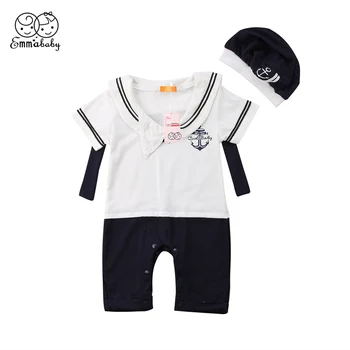 2ST Baby Boyw Flickor Kort Ärm Sjöman Enhetlig Kostym som Passar Hat Växa Outfit Romper Byxor Kläder Inställd på 0-24M