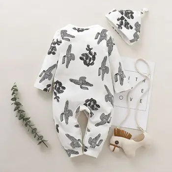 2st babykläder Nyfödd Baby Pojkar och Flickor Kaktus Romper med mössa turban Full Ärm Bomull Overall Outfit Set