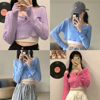 3 färger 2020 sommaren koreansk stil smal lång ärm t-shirt dam t-shirt femme kvinnor solskydd gröda toppar (x1463)