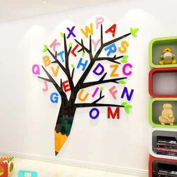 3D-Bokstäver Träd väggdekaler Dekorativa Barn Rum Dagis DIY Tecknat Väggen Klistermärken Dekaler Tapet S/M/L Barn Eller