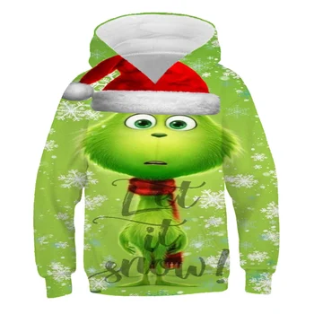 3D Green Print Grinchen Hoodies Barn Kläder Höst Jul Vintern Barn Tröja Plus Sammet långärmad Tröja Toppar