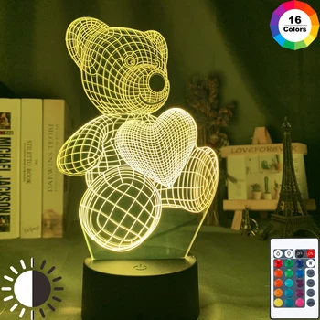 3d-Illusion Baby Night Light Björn med Hjärta Led Touch Byta Färgstarka Atmosfär för heminredning Ljus Tabell Lampa vid Sängen