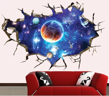 3D Kosmiska Rymden planet Sönder Väggen Klistermärken för barn rum, sovrum, barnkammare hem dekoration dekaler väggmålningar Bryta väggdekaler