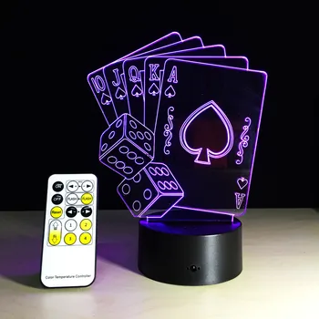 3D-LED-USB-Lampa Trollkarl Dekoration TEXAS HOLD EM Dice Poker Spader Spela Kort 7 Färger Förändras RC nattlampa Eller AW-087