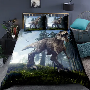 3d-sängkläder-säng kvalitetssängkläder jurassic dinosaurie-serie 2/3 delars set barn full size-säng tonåring t-rex täcke enda drottning set