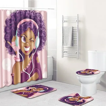 4 St Afrikansk Flicka Dusch Gardin/badrumsmatta/Toalett Pad Set Karaktär Mönster Anti-slip Toalett Mönster Matta Flanell badrumsmatta