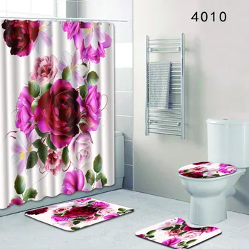 4st Badrum Golv Matta Anti Slip rose Design duschdraperier + badrumsmatta + Kontur Matta + Toalett lock Lock Matta