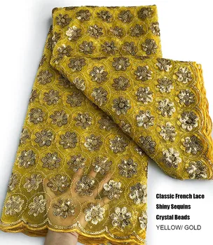 5 meter klassiska franska spetsar stora tunga Afrikanska tyll tyg med glänsande paljetter crystal pärlor lyxig klänning att sy klänning