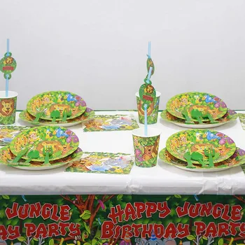 50/82pcs Djungel-tema part Parti Disponibel porslin ställa in Baby shower Bordsduk Barnen födelsedag dekoration Safari-party supplies