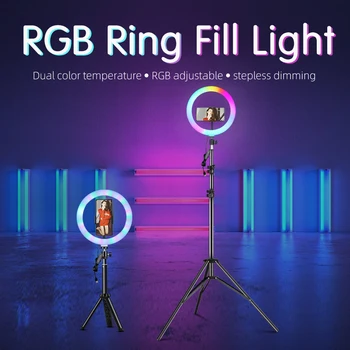 6-13-tums USB-RGB LED-och Utflyktsdisk Ring Ljus Selfie Video Ring Lampa Med Stativ Telefon Hållare För YouTube Live TikTok Fotografering