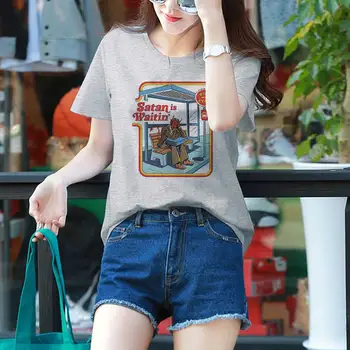 90-talet T-shirt Vintage Rolig Tshirt koreansk Stil och Mode Tops Satan Vä T Shirt Kvinnor Tunika Damer 80-talet T-Shirt Tunika Damer