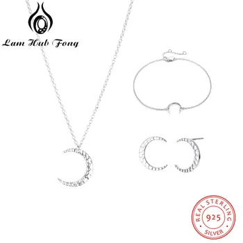 925 Sterling Silver Moon Halsband Örhängen Kedja Armband Silver 925 Smycken Set för Kvinnor Mode Bröllop Gåva (Lam Hub Fong)