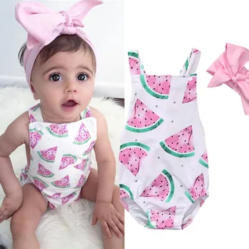 AA Sommaren Baby Flickor Kläder Klänning Watermelon Spädbarn s Romper Backless Grimma Overall +Pannband 2st Outfit Sunsuit