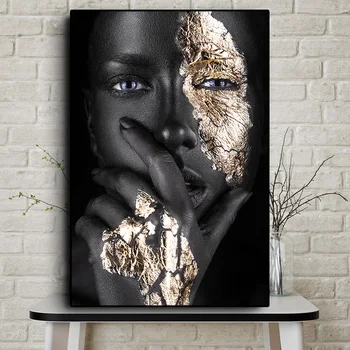 Afrikansk Konst Svart och Guld Kvinna oljemålning på Duk Cuadros Affischer och Utskrifter Scandinavian Wall Art Bilden för Vardagsrummet
