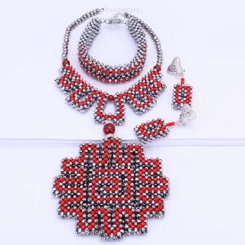 Afrikanska Pärlor Smycken Ställer Rött Och Silver Nigerianska Bröllop Brudkläder Smycken Set Handgjort Halsband Fri Frakt 2018 Nya