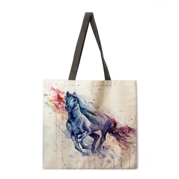 Akvarell häst linne shopping bag ladies axelväska hopfällbar shopping bag mode beach bag handväska