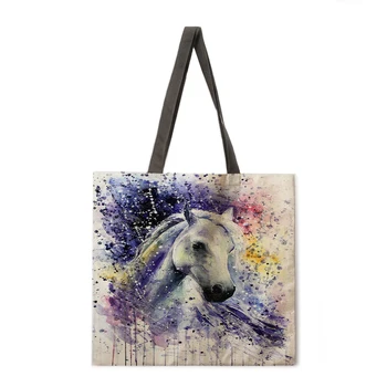 Akvarell häst linne shopping bag ladies axelväska hopfällbar shopping bag mode beach bag handväska