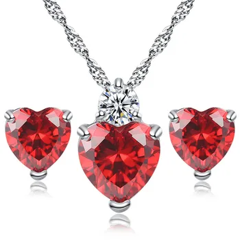Amazon Vackra Chicheng Hjärtat Garnet Red Crystal Zirkon Som Enkelt Halsband Örhänge Charm Tofs Julklapp Smycken