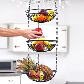 Ampel För Kök & växter , 3-Tier stora Metalltråd fruktkorg Kedja Hängande Utrymme att Spara Kök Förvaringskorg