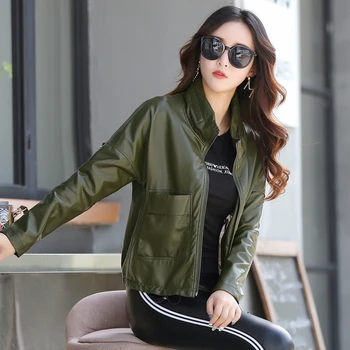 Army Grön Läder Coat Kvinnor 2020 Nya Slim Plus Size Läder Jacka Kvinnor Casual Lös Höst Kläder i Läder Lady YTNMYOP