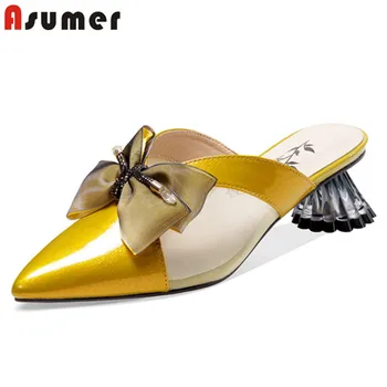 ASUMER 2020 nyaste mulor skor kvinnor pumpar äkta läder skor med spetsig tå bowknot elegant high heels party skor dam