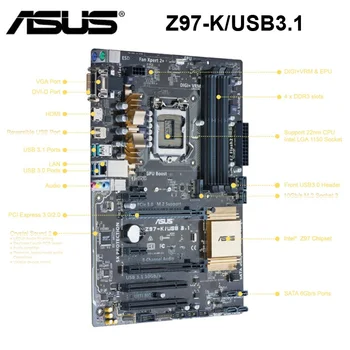 Asus Z97-K/USB3.1 Moderkort med LGA 1150 DDR3 Intel Z97 Core i7/i5/i3-Skrivbordet Asus Z97 Moderkort Asus Z97-K/USB3.1 1150 DDR3-ATX