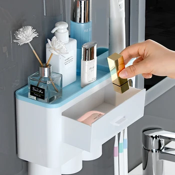 Automatisk Tandkräm Dispenser Squeezer Kit med Tandborste Hållare Koppar väggmonterad Multifunktionella Badrum Arrangör Lagring