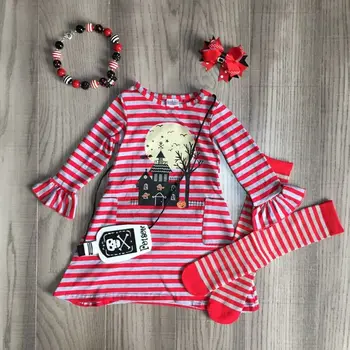 Baby flickor höst/vinter stripe röd klänning kläder girls Halloween pumpa house klänning med väska, strumpor och tillbehör