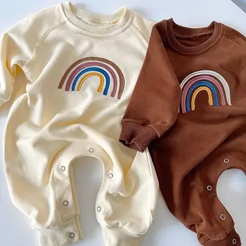 Baby Sparkdräkter Våren Hösten Barn Barn Barn Pojkar Flickor Rainbow Print Lång Ärm Romper Jumpsuits Outfits Spädbarn Kläder