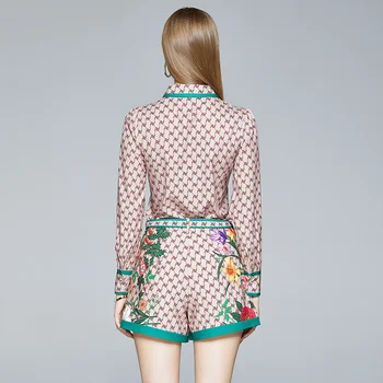 Banulin Våren Sommaren Fashion Runway Shorts att Passa Kvinnors Brev Blommig Blus Skjorta+Vintage Mini Kjol i Två Bitar Set