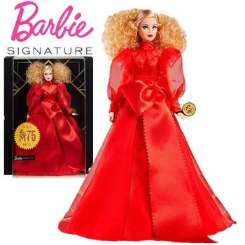 Barbie Signatur Samlare Mattel 75-Årsdagen Doll i Rött Chiffong Klänning Blond Edition Leksaker Flickor Födelsedagspresent Leksak GMM98