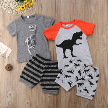 Barn Baby Boys Sommar Mode, Casual Kläder Set 2ST Kort Ärm Tecknat Dinosaurie Tryck Grå T-Shirts Toppar+Shorts 1-7Y
