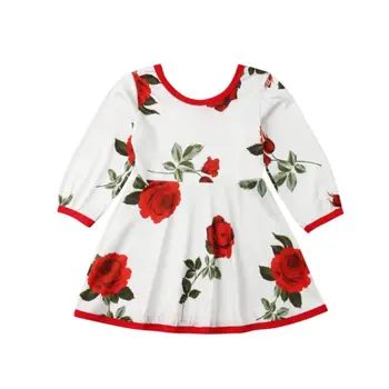 Barn Baby Flickor Klänning med blomtryck Fest Klänning med Lång Ärm Tutu Princess Dress Kläder Storlek 1-5Y