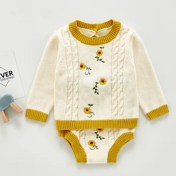 Barn Barn Clohting Stickat Set 2020 Ny Vår Höst Blommor Mode Baby Flickor Kläder Långärmad Stickad Tröja+Shorts Set