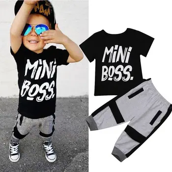 Barn Pojke Kläder Mini Boss Barn Pojke Kort Ärm T-shirt i Bomull Toppar Harem Byxa 2ST Sommar Kläder som för 1-6Y Pojkar
