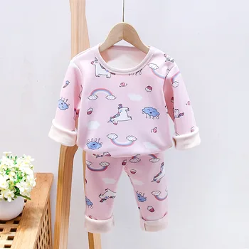 Barn Pyjamas Vinter Kläder Barn Ställer Varm Fleece-Pyjamas För Pojkar Tjockna Dinosaurie Flickor Sleepwear Baby Termisk Underkläder