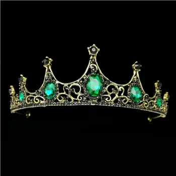 Barock Retro brud Drottning Krona Fest Prom Big Green Black Crystal Princess Tiara Pannband Bröllop Hår Smycken Tillbehör