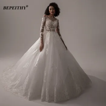 BEPEITHY O Hals, Långa Ärmar Bröllop Klänning För Bruden Domstol Tåg Se Genom Toppen Ivory Wedding Dubai Balklänning Fri Frakt