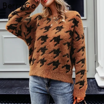 BerryGo Houndstooth mohair stickad tröja kvinnor Casual mjuk vintern pullovrar kvinnliga jumper O-neck hösten damer tröjor 2019