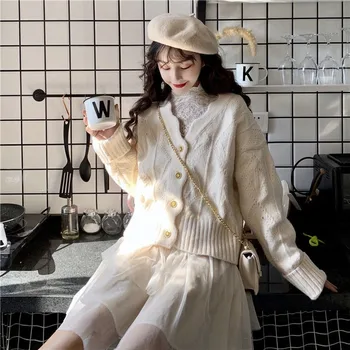Beskurna Cardigan Tröjor Kvinnor Härlig Elegant Enkel Fast Populär Koreansk Chica Damer Knitwear Trendiga Dagliga Flickor Höst Kläder