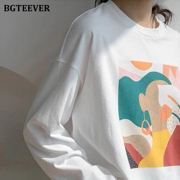 BGTEEVER Hösten Nya Abstrakt Mänskligt Ansikte Tryckt Kvinnor T-shirt i Bomull med Full Ärm Kvinnor Toppar Kvinnliga Rund Hals Vita Tees 2020