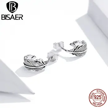 BISAER Retro Fjäder Örhängen i 925 Sterling Silver Enkla Örhängen för Kvinnor Mode Smycken Eller ECE923