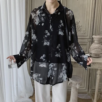 Blomma Shirt Män koreanska Mode Lös Casual Hög Kvalitet med Lång ärm 2020 Ny Utskrift Blommig Shirt för Män Svart / Grön M-XL