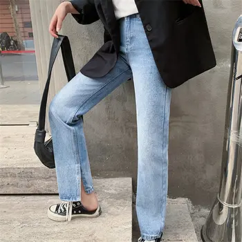 Blå Loose Jeans Denim Split Pants Hot Plus Size Solid Hög Midja Alla Match Streetwear Kvinna Casual Breda Ben Byxor Kontor Dam
