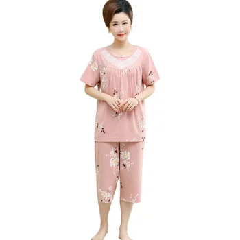 Bomull kortärmad korta byxor pijama för kvinnor sommar tryck spets damer avslappnad ställa blommor kvinnliga hemmakläder plus-storlek m-4XL