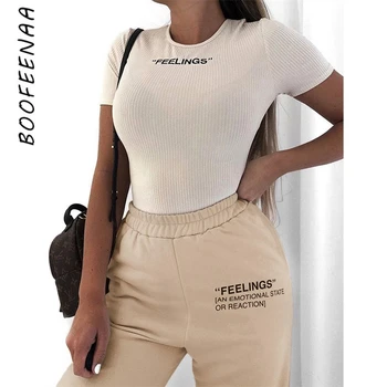 BOOFEENAA Känslor Brev Print Mode Träningsbyxor Kvinnor Streetwear Joggare Hög Midja Lösa Byxor, Casual Byxor 2020 C76-DZ37