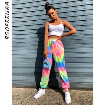 BOOFEENAA Rainbow Tie Dye Joggare Kvinnor Kläder Streetwear Mode Sweatpants Casual Grafisk Byxor Kvinnor Byxor C34-BF26