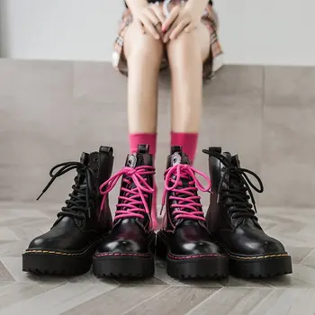 Boots Kvinnor Skor Plattform Läder Svart Martin Låga Klackar Rosa Lace-Up Vinter Stövlar 2021 Mode För Kvinnor