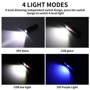 BORUiT XPE COB LED-Ficklampa med 2st 395nm UV-ljus Ficklampa 4-Läge Uppladdningsbara arbetsbelysning med Magnetiska Lampa